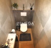 REZERVOVANÝ PRÉMIOVÝ 3-IZBOVÝ BYT S VÝHĽADOM 77 m² v Humennom - Toaleta s podlahou s dreveným dekorom v 3-izbovom byte so sivými stenami.