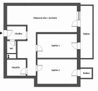 PREDAJ - krásny 3- izbový byt s 2 balkónmi na  Bratislavskej ulici  - Pôdorys 3-izbového bytu so spoločnou obývacou izbou a kuchyňou, dvoma spálňami a balkónom.