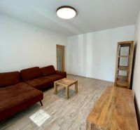 PRENÁJOM - 3-izbový byt priamo v centre Nitry s parkovaním a balkónom - Obývačka v 3-izbovom byte s hnedou sedačkou a podlahou s dreveným dekorom.