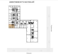 NA PREDAJ | 3izb. veľkometrážny ateliér | Prístavná ulica - Pôdorys podlažia s umiestnením 3-izbového bytu na ulici Prístavná v Bratislave-Ružinov.
