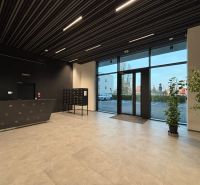 NA PREDAJ | 3izb. veľkometrážny ateliér | Prístavná ulica - Recepcia s tmavou stenou, poštovými schránkami, rastlinami a presklenými dverami na Prístavnej ulici.