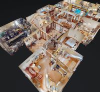 Veľkometrážny rodinný dom s investičným potenciálom - 3D pôdorys rodinného domu s viacerými miestnosťami a vybavením interiéru.