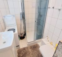 MODERNÝ 3i BYT, REKONŠTRUKCIA, Trnavská cesta, Ružinov  - Kúpeľňa s práčkou, sprchovým kútom a umývadlom v 3-izbovom byte.