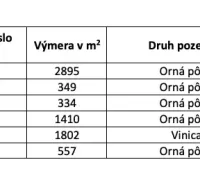 3.700 m2 ORNÁ PÔDA medzi Trnavou a Bielym Kostolom - Tabuľka so zoznamom pozemkov: orná pôda a vinica v Hrnčiarovciach nad Parnou.