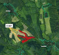 Rokycany – 125.140 m2 LESNÝ POZEMOK v podiele 1/1 - Mapa poľnohospodárskych a lesných pozemkov v okolí Rokycan s vyznačenými územiami.