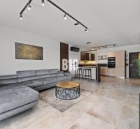 Moderný 4i dom v RED OAK, Lužianky | Kompletné zariadenie! - Obývačka v rodinnom dome s pohodlnou sedačkou, kuchyňou a podlahou s dreveným dekorom.
