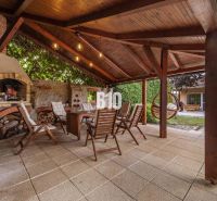 4i rodinný dom Lehota | 230 m² | Bazén | 85 m² garáž | 5 min. od Nitry - Zastrešená terasa s krbom a drevenými stoličkami pri rodinnom dome v Nitre.
