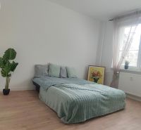 Novozrekonštruovaný 4-izb. byt, Exnárova ul., Ružinov - Pošeň - Svetlá izba s posteľou, izbovou rastlinou a podlahou s dreveným dekorom v 4-izbovom byte.