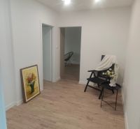 Novozrekonštruovaný 4-izb. byt, Exnárova ul., Ružinov - Pošeň - Interiér 4-izbového bytu s podlahou s dreveným dekorom, kreslom a obrazom.