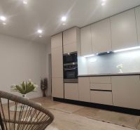 Novozrekonštruovaný 4-izb. byt, Exnárova ul., Ružinov - Pošeň - Kuchyňa v 4-izbovom byte s podlahou s dreveným dekorom a elegantným osvetlením.
