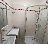 Pekný prenájom 1 izbový byt, Trenčianska ulica, Bratislava II Ružinov  - Kúpeľňa so sprchovým kútom, umývadlom a práčkou v 1-izbovom byte.