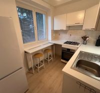 Pekný prenájom 1 izbový byt, Trenčianska ulica, Bratislava II Ružinov  - Kuchyňa v 1-izbovom byte s pultom na raňajky a podlahou s dreveným dekorom.