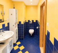 Predaj! slnečný 3-izbový byt s loggiou 74 m² Podbreziny - LM - Kúpeľňa v 3-izbovom byte s farebnými kachličkami a závesným WC.
