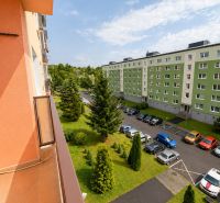 Predaj! slnečný 3-izbový byt s loggiou 74 m² Podbreziny - LM - Výhľad z balkóna na zeleň a parkovanie pri Brezovej ulici v Liptovskom Mikuláši.