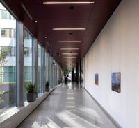 Moderné kancelárske a obchodné priestory v novostavbe v širšom centre - Dlhá presklená chodba na ulici Plynárenská, vedľa kancelárií so závesnými obrazmi na stene.