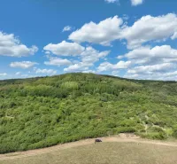 Behynce – 5.439 m2 LESNÝ pozemok v podiele 1/1 – Predaj - Poľnohospodárske a lesné pozemky v Tornaľe s krásnymi zelenými kopcami a modrou oblohou.