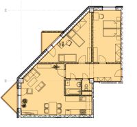 Nové skolaudované byty a apartmány vo Vajnoroch. - Pôdorys 2-izbového bytu s nábytkom, kuchyňou, kúpeľňou a obývacou časťou.