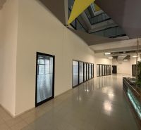 Nové skolaudované byty a apartmány vo Vajnoroch. - Interiér administratívnej budovy s presklenými kanceláriami, dlažba na podlahe a zeleňou.