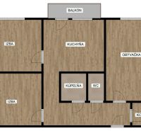 3-izb. byt (74m2), balkón, komora, Senica - Sotiná - Pôdorys 3-izbového bytu s podlahou s dreveným dekorom, obsahuje balkón a komoru.
