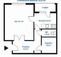 | 1 - izbový byt na ul. Hany Meličkovej, Dlhé diely, BA IV - Pôdorys 1-izbového bytu s loggiou, kuchyňou, kúpeľňou a predsieňou.