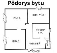PREDAJ: 2i byt; 65 m2; CENTRUM - KRUPINA; 84.500 €  - Pôdorys 2-izbového bytu: izby, kuchyňa, kúpeľňa s WC a špajza.