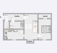 2-izbový byt s balkónom a klimatizáciou | Štúrova, Nitra - Pôdorys zobrazuje usporiadanie izieb, vrátane šatníka a balkóna v 2-izbovom byte.