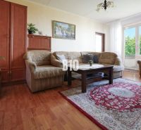 2-izbový byt s balkónom a klimatizáciou | Štúrova, Nitra - Obývacia izba s gaučom, kobercom a podlahou s dreveným dekorom v 2-izbovom byte.