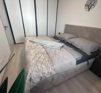Prenájom 2 izbového bytu ARBORIA Trnava - Spálňa v 2-izbovom byte s posteľou, šatníkovou skriňou a podlahou s dreveným dekorom.