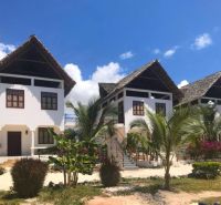 SAMOSTATNE STOJACA VILA MAPUMZIKO S 2 IZBAMI NA ZANZIBARE  - Rodinný dom v Fumba Town s palmovými stromami a trstinovou strechou pod modrou oblohou.