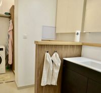 Na prenájom 3-izbový byt po kompletnej rekonštrukcii - ulica Teplická - Kúpeľňa v 3-izbovom byte s práčkou, umývadlom, dreveným dekorom a poličkami.