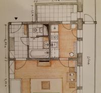 Prenájom 1 izbový byt, ulica Donnerova, Bratislava IV. Karlova Ves - Pôdorys 1-izbového bytu s podlahou s dreveným dekorom, kúpeľňou a kuchynským kútom.