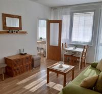 Prenájom 1 izbový byt, ulica Donnerova, Bratislava IV. Karlova Ves - Obývacia časť 1-izbového bytu so svetlým nábytkom a podlahou s dreveným dekorom.