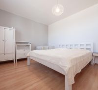 Klimatizácia | Výhľad na Zobor | Balkón a Komfortná veľkosť - Spálňa v 2-izbovom byte s podlahou s dreveným dekorom, svetlým nábytkom a lampou.