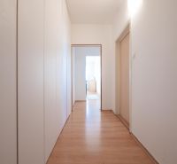Klimatizácia | Výhľad na Zobor | Balkón a Komfortná veľkosť - Chodba v 2-izbovom byte so skriňami a podlahou s dreveným dekorom.