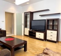 Na prenájom 2 izbový byt, 65 m2, Bratislava, centrum, Vajanského nábr. - Obývačka s hnedou posteľou, dreveným stolíkom a televízorom v 2-izbovom byte.