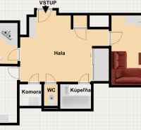 Na prenájom 2 izbový byt, 65 m2, Bratislava, centrum, Vajanského nábr. - Pôdorys 2-izbového bytu s kuchyňou, obývačkou, spálňou, halou a kúpeľňou.