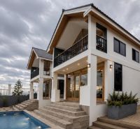 OFF-PLAN VILA MAPUMZIKO S 1 SPALŇOU NA ZANZIBARE  - Rodinný dom v Pwani Mchangani s bazénom, schodiskom a drevenými detailami.