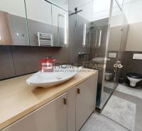 PREDAJ luxusného 3 izbového bytu STARÉ MESTO Bratislava - Kúpeľňa v 3-izbovom byte s umývadlom na drevenom dekore a sprchovým kútom.
