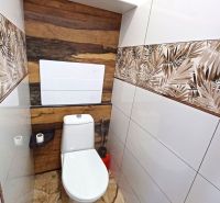 Garsónka po kompletnej rekonštrukcii v širšom centre mesta - Toaleta v rekreačnom apartmáne s dekoračnými obkladmi a podlahou s dreveným dekorom.