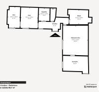 PREDAJ, 3 izbový byt na Štefánikovej ulici, Staré Mesto, Košice - Pôdorys 3-izbového bytu s rozlohou 85,7 m² a miestnosťami zahrňujúcimi obývaciu izbu, kuchyňu, izby, kúpeľňu, WC a sklad.