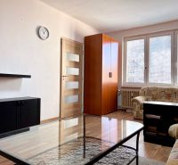 Na predaj 2 izbový byt, 47 m2, Bratislava, Nové Mesto, Piešťanská ul. - Obývacia izba s pohovkou, skriňou a podlahou s dreveným dekorom v 2-izbovom byte.