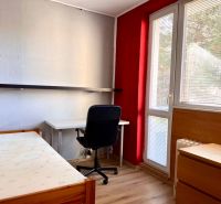 Na predaj 2 izbový byt, 47 m2, Bratislava, Nové Mesto, Piešťanská ul. - Izba v 2-izbovom byte s podlahou s dreveným dekorom, písacím stolom a posteľou.