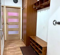 Na predaj 2 izbový byt, 47 m2, Bratislava, Nové Mesto, Piešťanská ul. - Vstupná chodba s podlahou s dreveným dekorom, vešiakmi a skriňou v 2-izbovom byte.