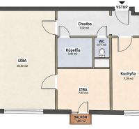 Na predaj 2 izbový byt, 47 m2, Bratislava, Nové Mesto, Piešťanská ul. - Pôdorys 2-izbového bytu s kúpeľňou, kuchyňou, balkónom a chodbou.