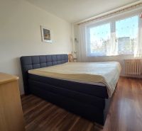 PRENÁJOM 3-izb.byt /loggia/ klíma/ Dudvážska–BA Podunajské Biskupice - Spálňa s veľkou posteľou, podlahou s dreveným dekorom a oknom v 3-izbovom byte.