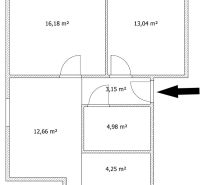 Na predaj 2 izbový byt 54 m2 po rekonštrukcii + záhrada, obec Telince - Pôdorys 2-izbového bytu s presnými rozmermi izieb a označením vstupu.