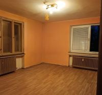 Veľký 2-izb. byt, Olbrachtova ul., Nové Mesto - Izba v 2-izbovom byte, oranžové steny, podlaha s dreveným dekorom, radiátory.