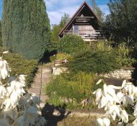 Rekreačná chata s výhľadom na Líščie údolie a Yuventu, Karlová Ves - Chata v záhrade s drevenými prvkami, obklopená zeleňou a bielymi kvetmi.