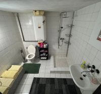 Záhradná chata so záhradou, Devínska cesta, Devín - Kúpeľňa v Chate s bielymi obkladačkami, sprchou, umývadlom a toaletou.