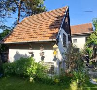 Záhradná chata so záhradou, Devínska cesta, Devín - Chata v Bratislave - Devíne obklopená zeleňou a stromami s šikmou strechou.